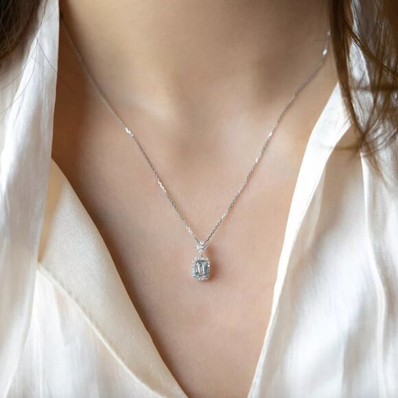 925 Sterling Silver Aquamarine Pendant Necklace Dainty CZ Diamond Necklace - Picture 9 of 9